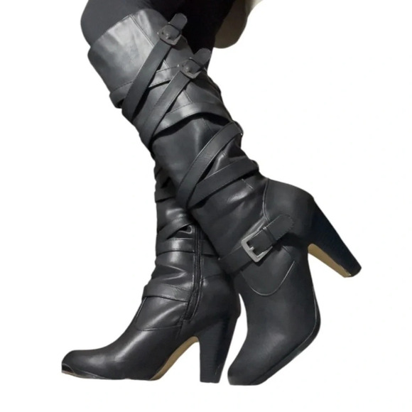 Strappy Knee-High Heeled Boots with Buckles - Size 9 - Picture 1 of 9